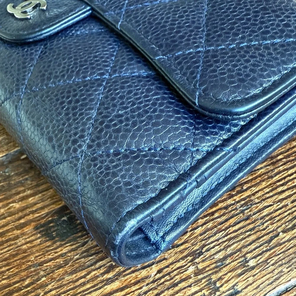CHANEL Classic L-Flap Caviar Navy Blue Quilted Long Wallet